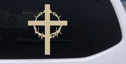 Cross With Thorn Crown Christian Car or Truck Window Decal Sticker (Desert Sand)