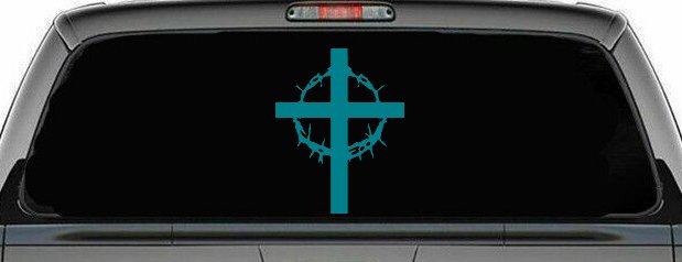 Cross With Thorn Crown Christian Car or Truck Window Decal Sticker (Turquoise Blue)