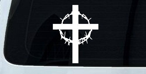Christian Cross Thorn Crown Decal Car Truck Window Sticker (White)
