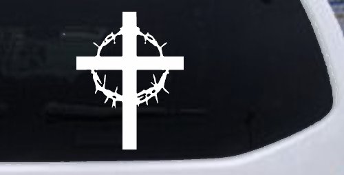 Cross With Thorn Crown Christian Car or Truck Window Decal Sticker (White)