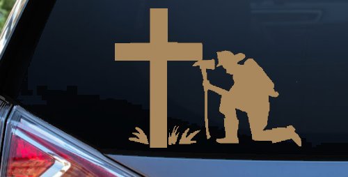 Fireman At The Cross Christian Car or Truck Window Decal Sticker (Light Brown)