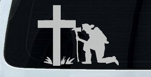 Fireman At The Cross Christian Car or Truck Window Decal Sticker (Light Gray)