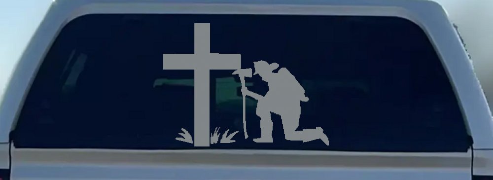 Fireman At The Cross Christian Car or Truck Window Decal Sticker (Telegrey)