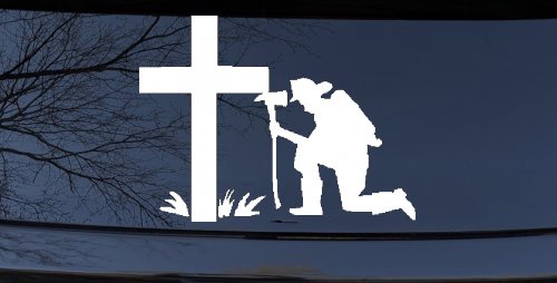 Fireman At The Cross Christian Car or Truck Window Decal Sticker (White)