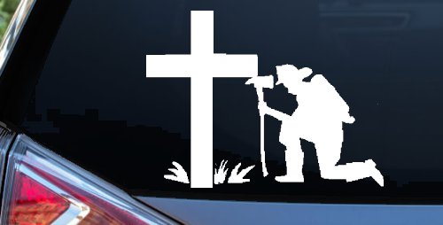 Fireman Cross Decal Christian Car Truck Window Sticker Vinyl (White)