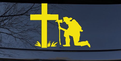 Fireman At The Cross Christian Car or Truck Window Decal Sticker (Yellow)
