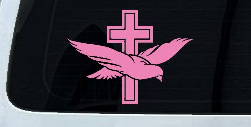 Dove With Cross Christian Car or Truck Window Decal Sticker (Pink)