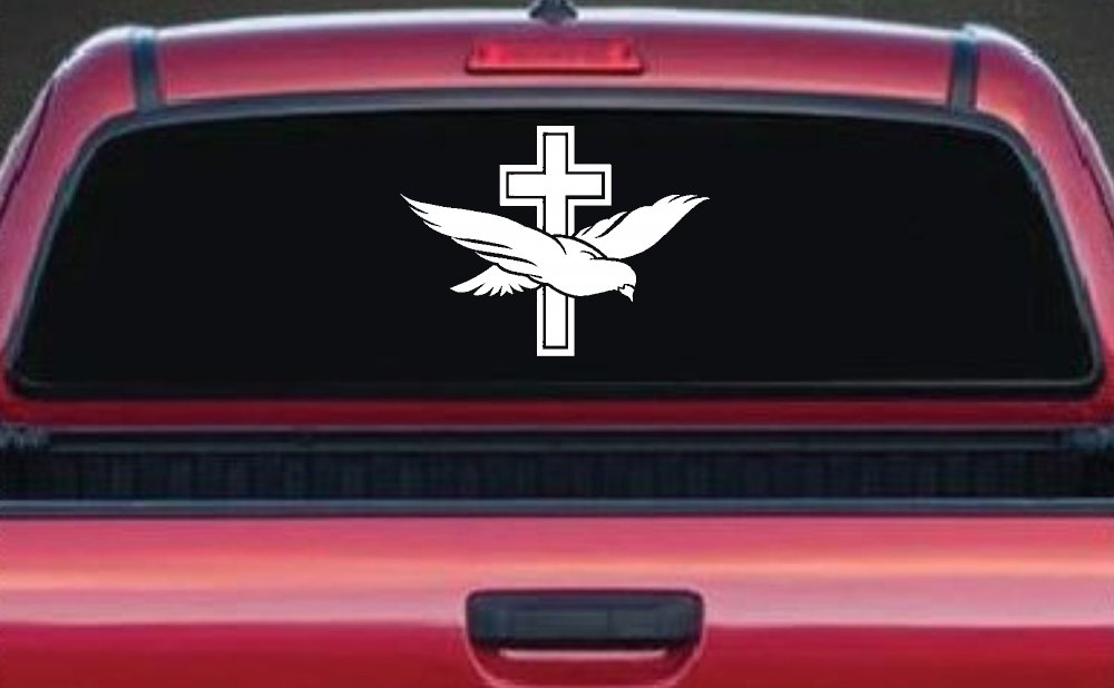 Dove With Cross Christian Car or Truck Window Decal Sticker (White)