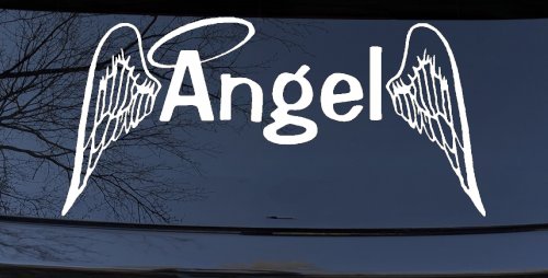 Angel Text With Wings and Halo Christian Car or Truck Window Decal Sticker (White)