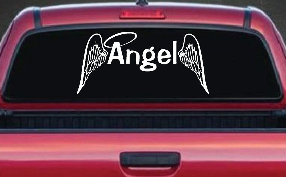 Angel Text With Wings and Halo Christian Car or Truck Window Decal Sticker (White)