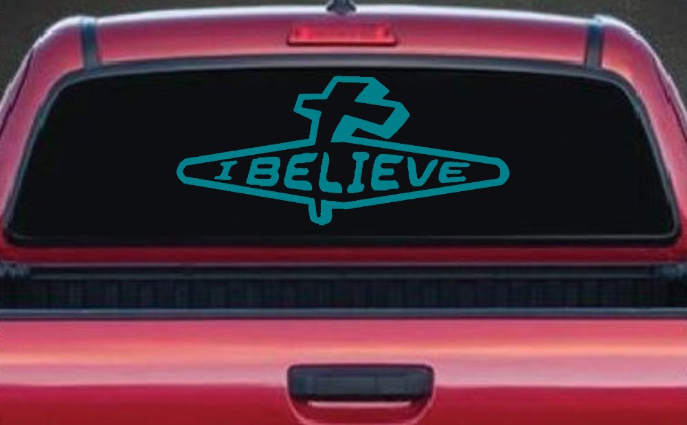 I Believe Cross Christian Car Truck Decal - Faith Window Sticker (Turquoise Blue)