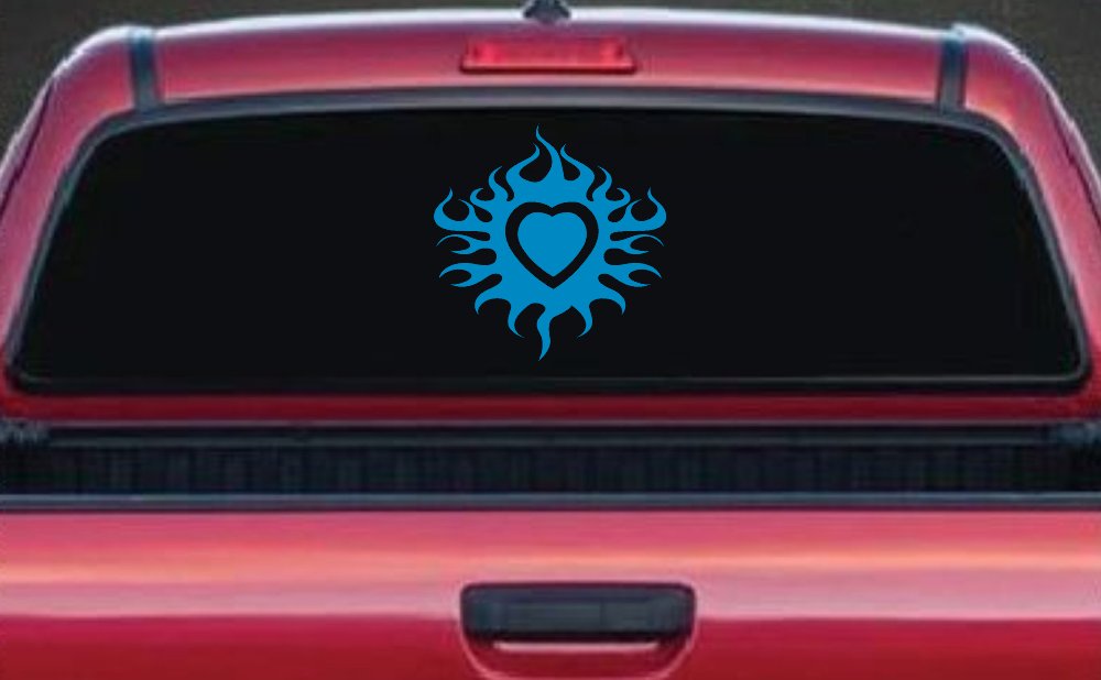 Tribal Flaming Heart Car or Truck Window Decal Sticker (Blue)
