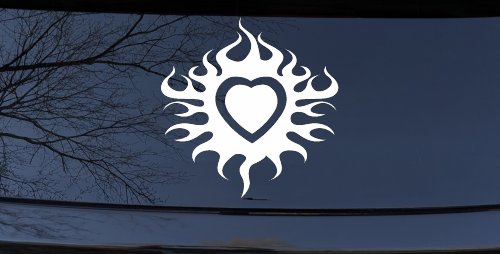 Tribal Flaming Heart Car or Truck Window Decal Sticker (White)