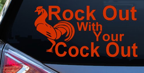 Funny Rooster Decal Rock Out With Your Cock Out Car Truck Sticker (Orange Red)