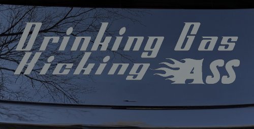 Drinking Gas Kicking Ass Racing Funny Car or Truck Window Decal Sticker (Telegrey)