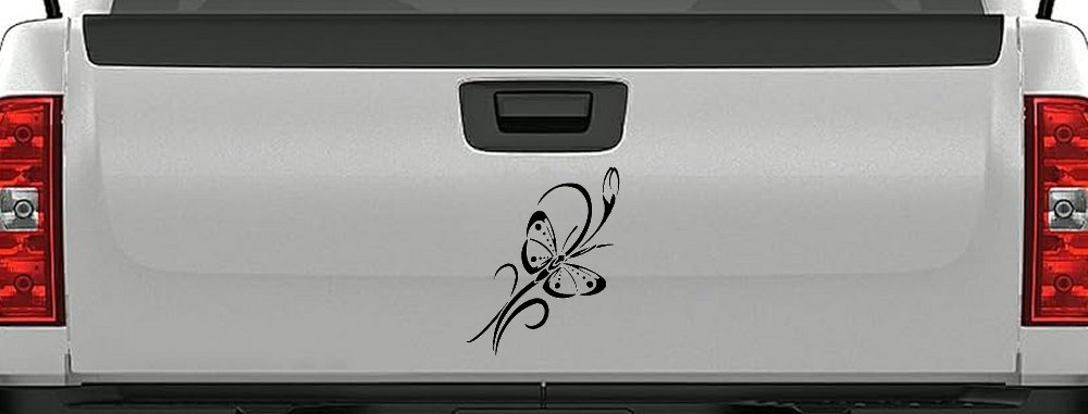 Butterfly with Flower and Swirl Vines Butterflies Car or Truck Window Decal Sticker (Black)
