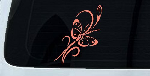 Butterfly with Flower and Swirl Vines Butterflies Car or Truck Window Decal Sticker (Coral)