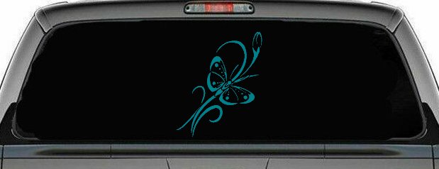 Butterfly with Flower and Swirl Vines Butterflies Car or Truck Window Decal Sticker (Turquoise Blue)