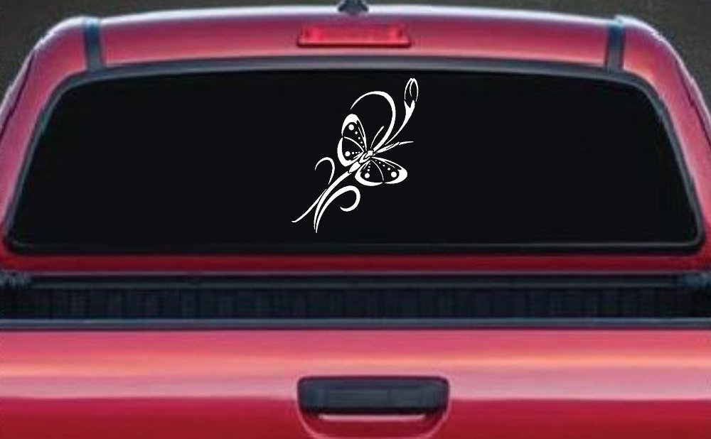 Butterfly with Flower and Swirl Vines Butterflies Car or Truck Window Decal Sticker (White)