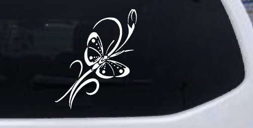Butterfly with Flower and Swirl Vines Butterflies Car or Truck Window Decal Sticker (White)