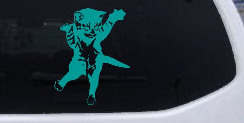 Cat Pounce Animals Car or Truck Window Decal Sticker (Turquoise)