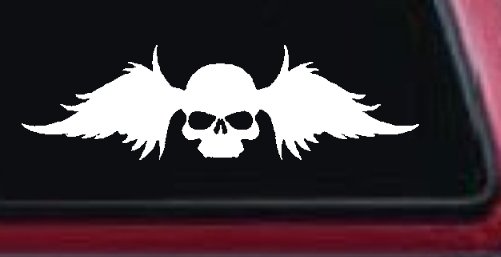 Skull with Wings Biker Car or Truck Window Decal Sticker (White)