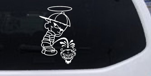 Pee On The Devil Car Truck Window Decal Sticker Funny Vinyl Graphic (White)