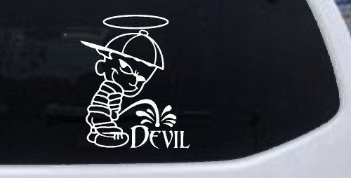 Pee On Devil Christian Car or Truck Window Decal Sticker (White)