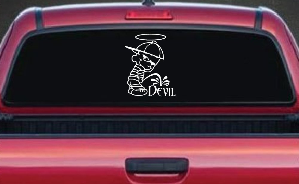 Pee On Devil Christian Car or Truck Window Decal Sticker (White)