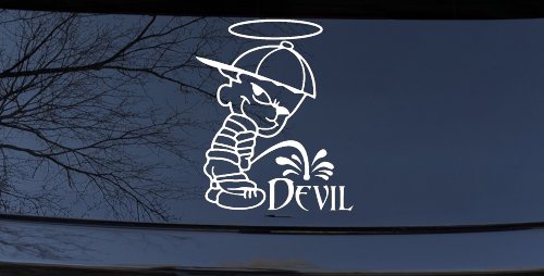 Pee On Devil Christian Car or Truck Window Decal Sticker (White)