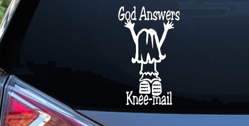 God Answers Knee Mail Prayers Girl Christian Car or Truck Window Decal Sticker (White)