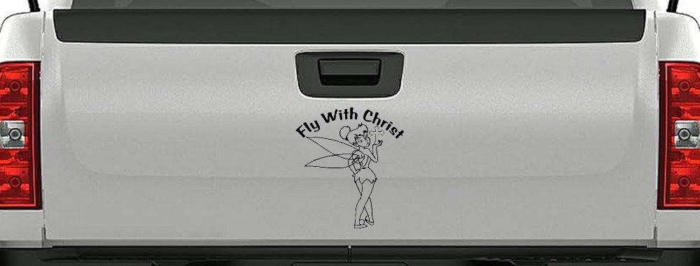 Tinkerbell Tinker Bell Fly With Christ Christian Car or Truck Window Decal Sticker (Black)