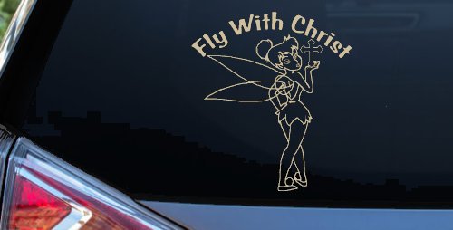 Tinkerbell Tinker Bell Fly With Christ Christian Car or Truck Window Decal Sticker (Desert Sand)