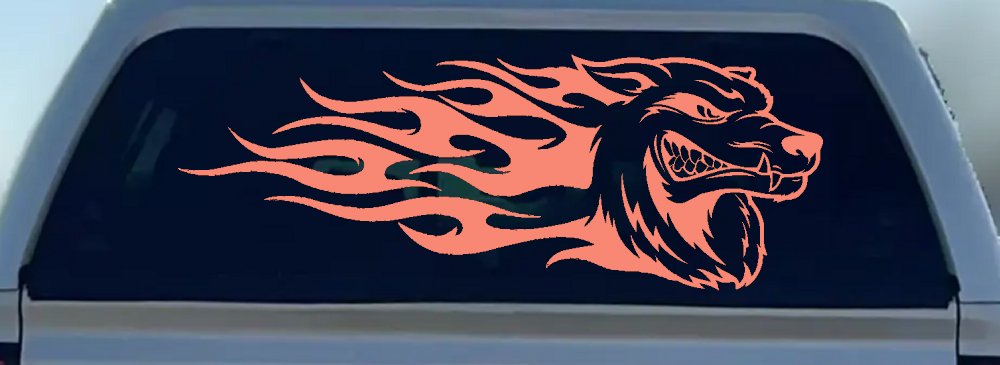 Wolf With Tribal Flames Car or Truck Window Decal Sticker (Coral)