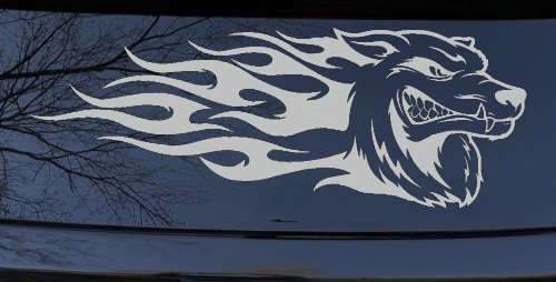 Wolf With Tribal Flames Car or Truck Window Decal Sticker (Light Gray)