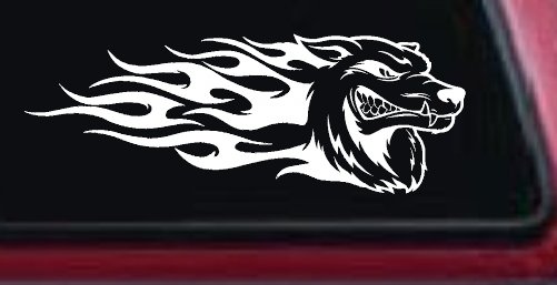 Wolf With Tribal Flames Car or Truck Window Decal Sticker (White)