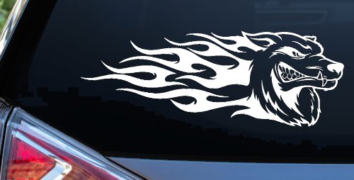 Wolf With Tribal Flames Car or Truck Window Decal Sticker (White)
