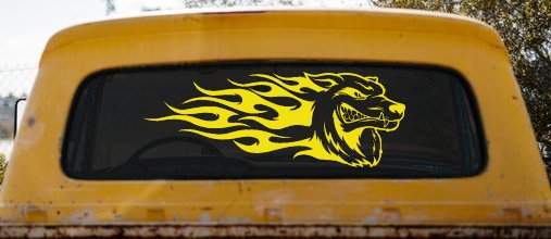 Wolf With Tribal Flames Car or Truck Window Decal Sticker (Yellow)