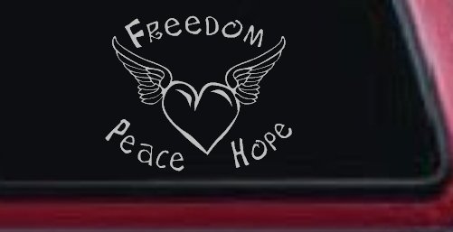 Freedom Peace Hope Heart With Wings Car or Truck Window Decal Sticker (Light Gray)