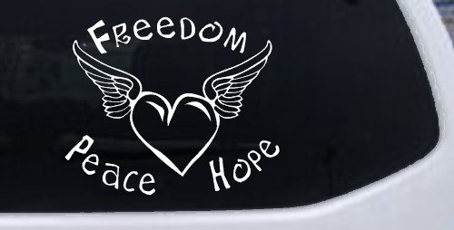 Freedom Peace Hope Heart With Wings Car or Truck Window Decal Sticker (White)