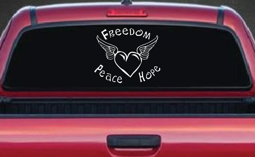 Freedom Peace Hope Heart With Wings Car or Truck Window Decal Sticker (White)