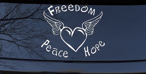 Freedom Peace Hope Heart With Wings Car or Truck Window Decal Sticker (White)