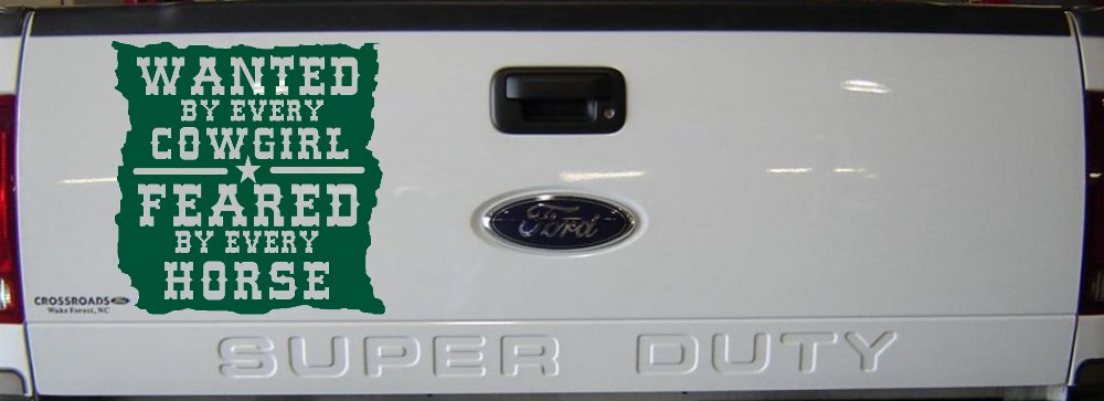 Wanted By Cowgirls Feared By Horses Western Rodeo Car or Truck Window Decal Sticker (Dark Green)