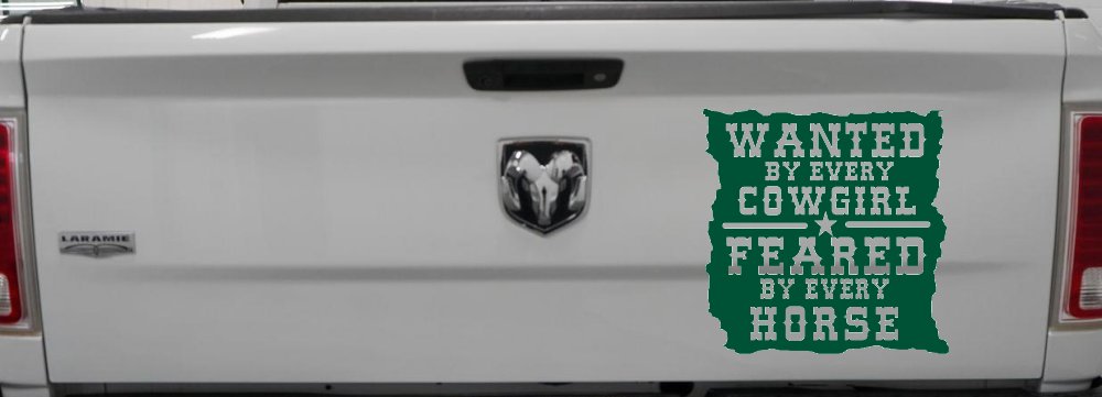 Wanted By Cowgirls Feared By Horses Western Rodeo Car or Truck Window Decal Sticker (Dark Green)