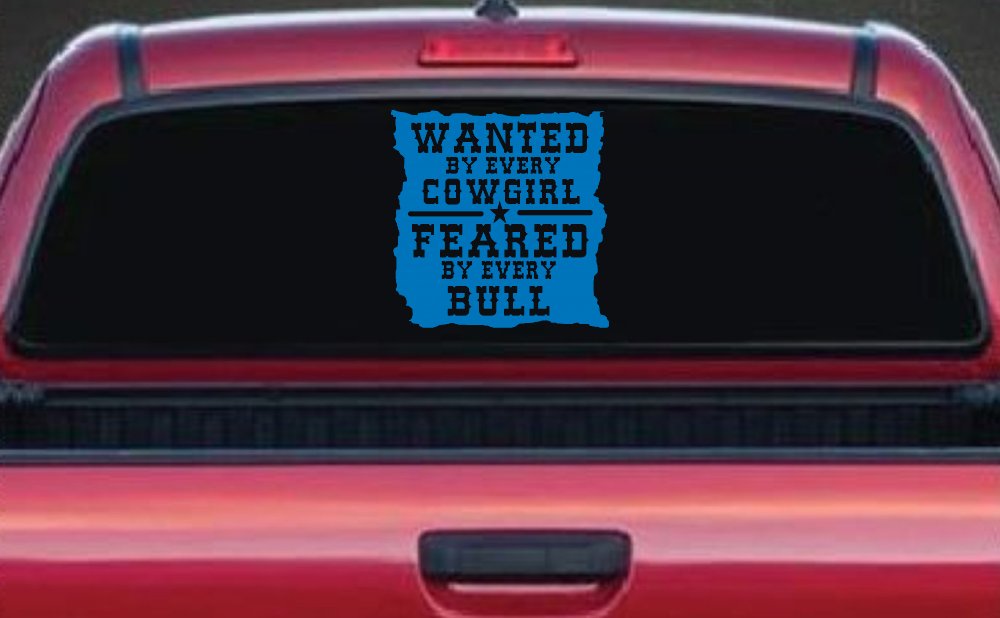 Wanted By Cowgirls Feared By Bulls Western Rodeo Car or Truck Window Decal Sticker (Sky Blue)