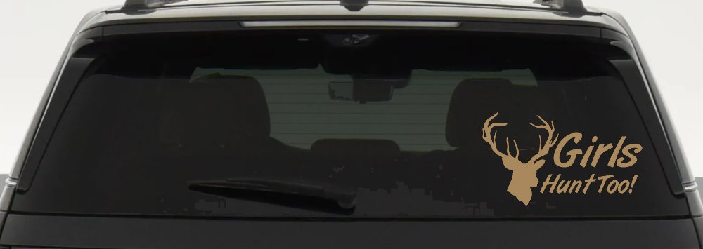 Girls Hunt Too Deer Hunting Car or Truck Window Decal Sticker (Light Brown)