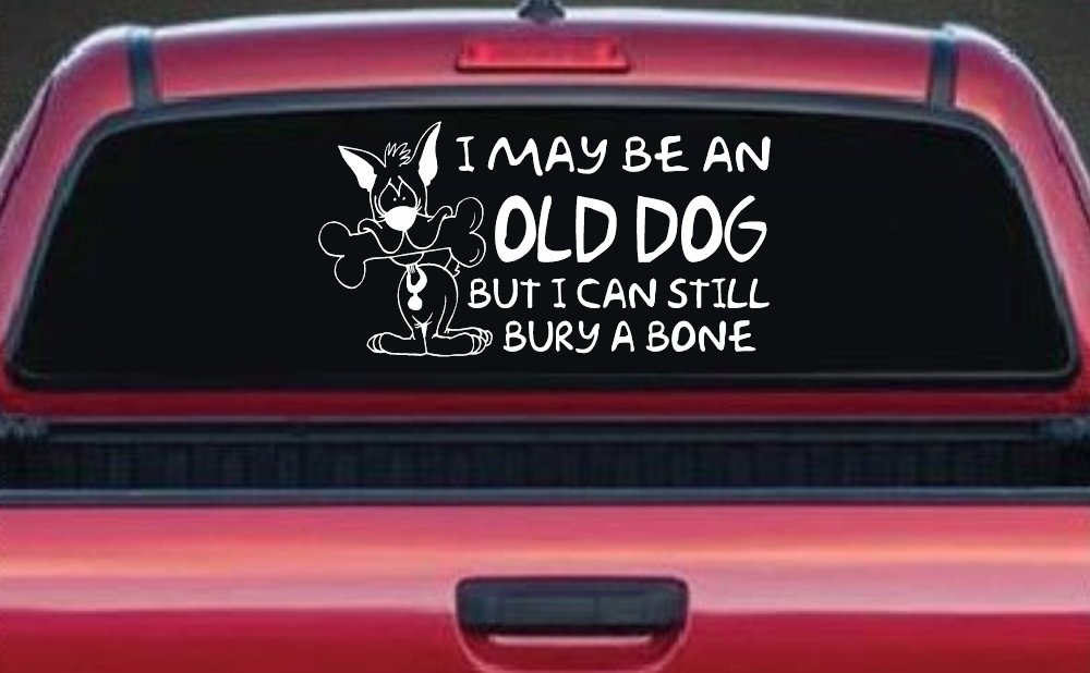 Funny I May Be An Old Dog But I Can Still Bury A Bone Car or Truck Window Decal Sticker