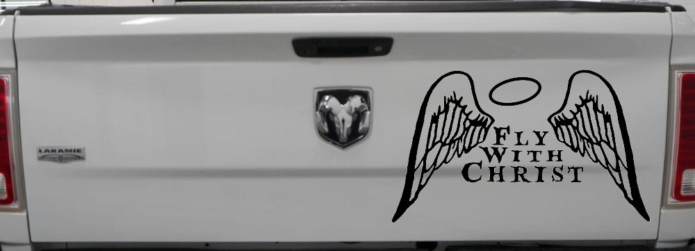 Fly With Christ Halo and Angel Wings Christian Car or Truck Window Decal Sticker (Black)
