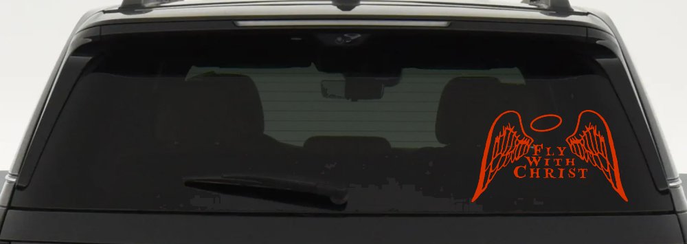 Fly With Christ Halo and Angel Wings Christian Car or Truck Window Decal Sticker (Orange Red)