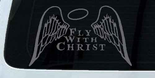 Fly With Christ Halo and Angel Wings Christian Car or Truck Window Decal Sticker (Silver)
